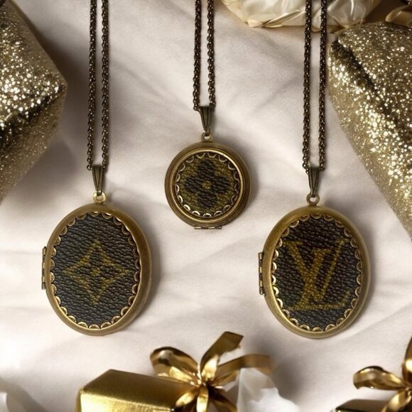 Upcycled Reworked L V Monogram Canvas Locket Necklace Handmade Flower Motif - Picture 13 of 15